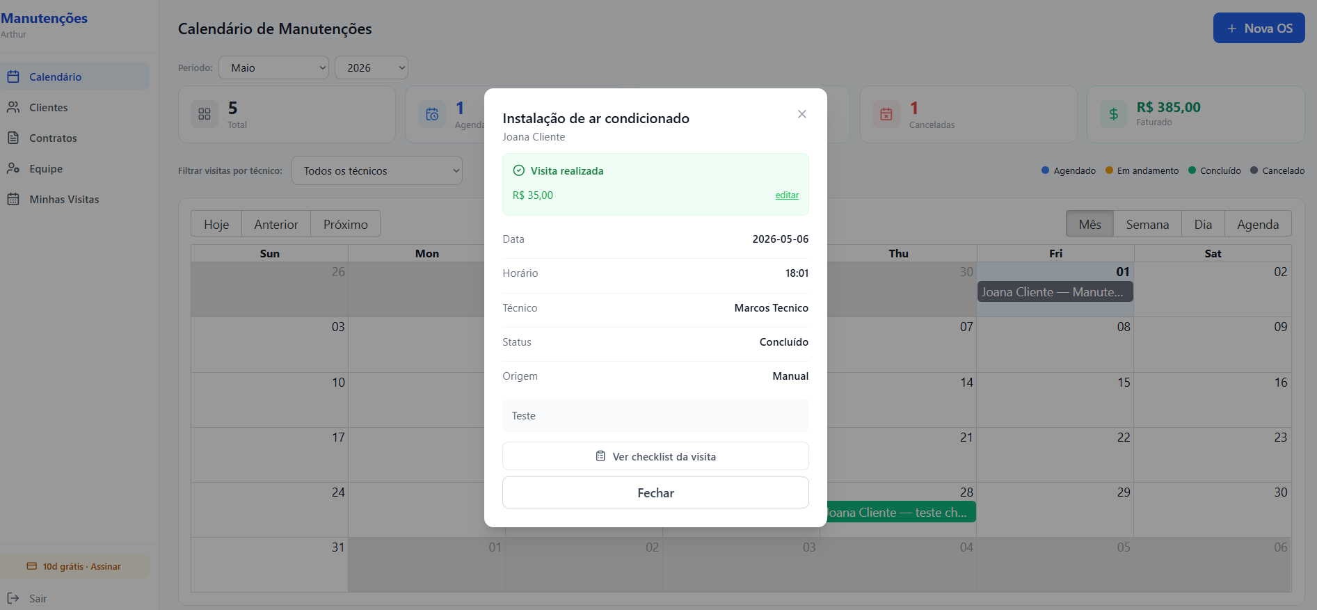 Calendário de manutenções do AgendamentoPRO — visão do gestor com cards de estatísticas e agenda